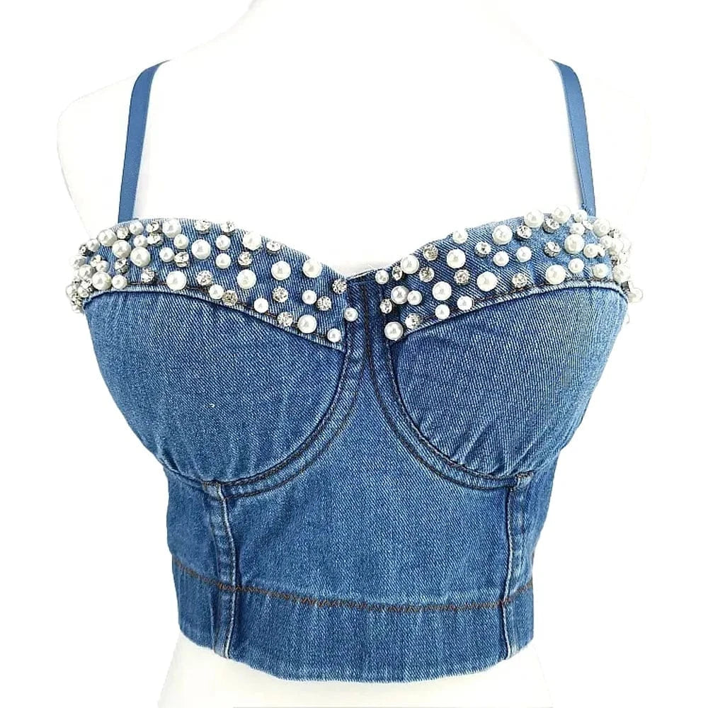 2023 New Ladies fashion corset tops Pearl Accessories Denim corsets tops for women's Sexy