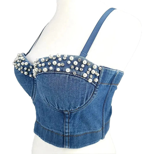 2023 New Ladies fashion corset tops Pearl Accessories Denim corsets tops for women's Sexy