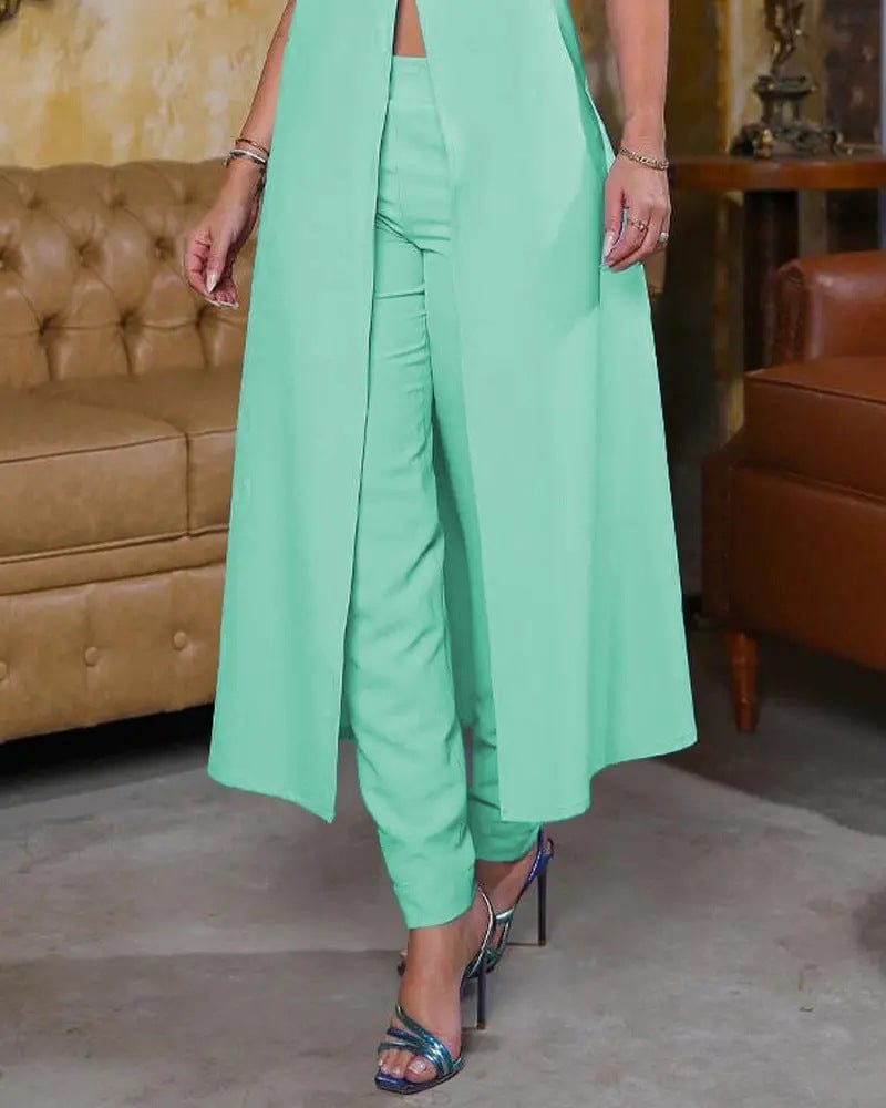 2023 New Solid Sleeveless Front Split Mid length Dress Casual Pants Set