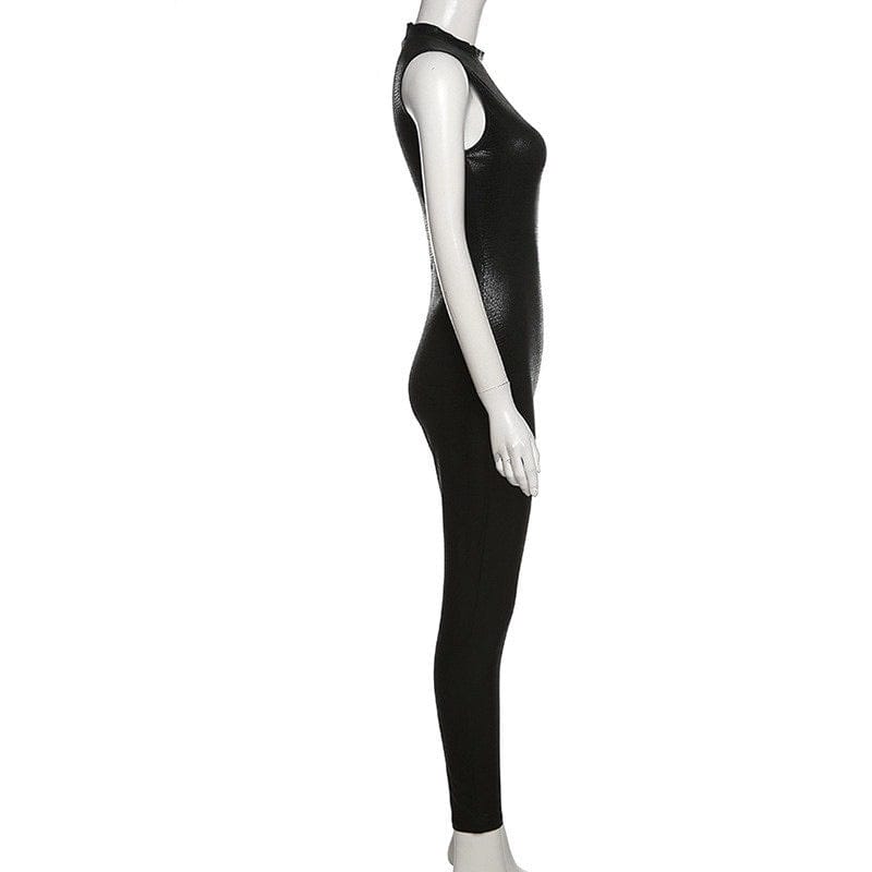 2023 New Spring Black Pu Jumpsuit Women Casual Slim Bodycon Jumpsuit