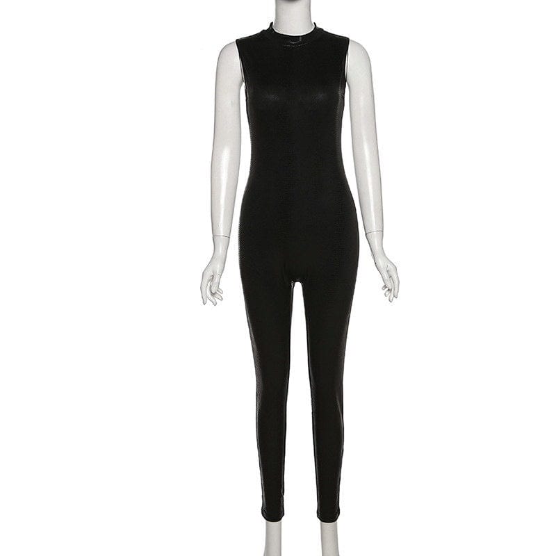 2023 New Spring Black Pu Jumpsuit Women Casual Slim Bodycon Jumpsuit