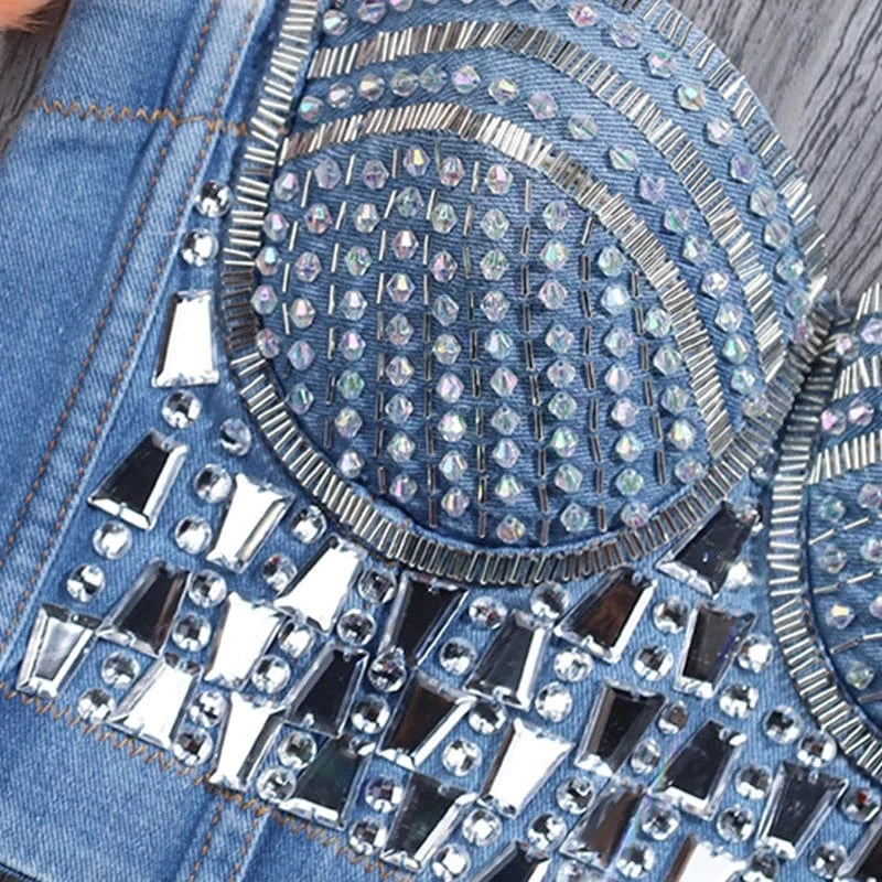 2023 New style Sexy Sparkling diamond denim corset tops Snowflake corset with diamonds for women
