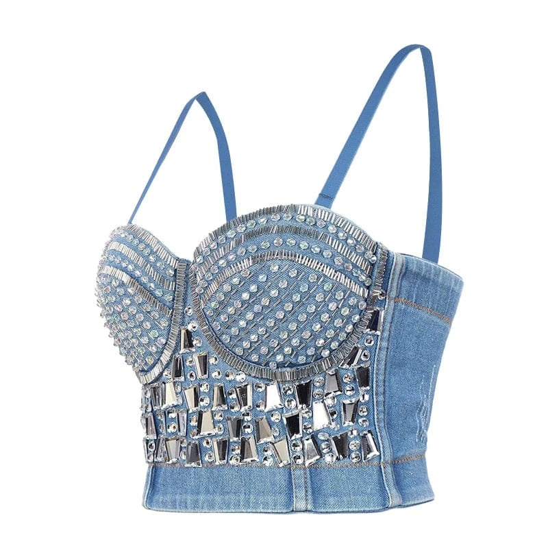 2023 New style Sexy Sparkling diamond denim corset tops Snowflake corset with diamonds for women