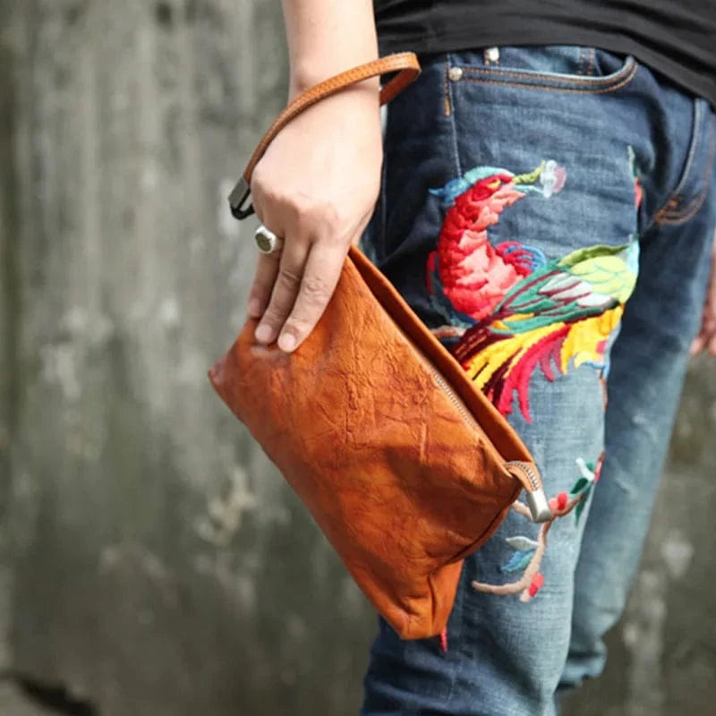 2023 New Women's Handbag Genuine Cowhide Leather Vintage Clutch Bag Handmade Vegetable Tanned Leather Women's Clutch Bag