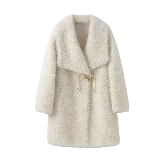 2023 New Women's Sheep Shearling Winter Long Coat Female Lady Wool Fur Polyester Lining Warm Parka H2391