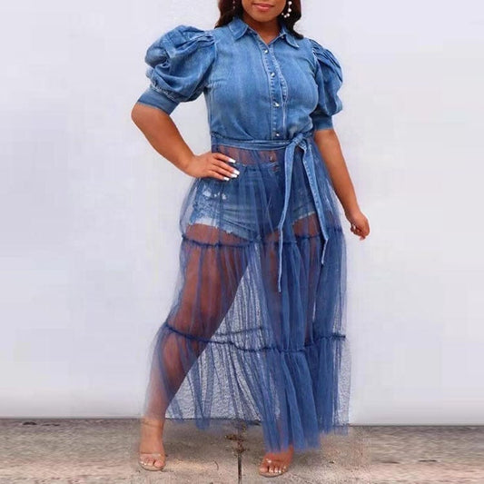 2023 New Women Trendy Clothing Puff Short Sleeve Denim Jacket With Long Tulle Dress Women Street Wear Plus Size Denim Dresses