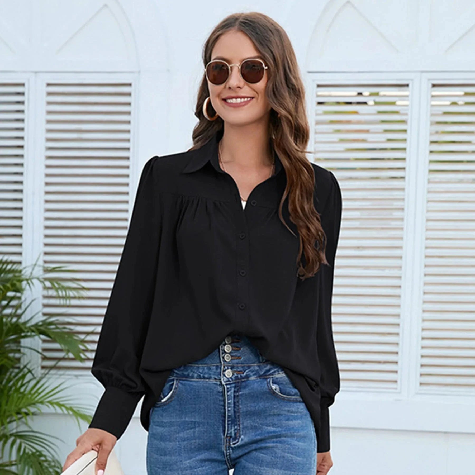 2023 Popular European and American Women's clothing Spring and Autumn New Chiffon shirt Women's shirt pleated long-sleeved shirt