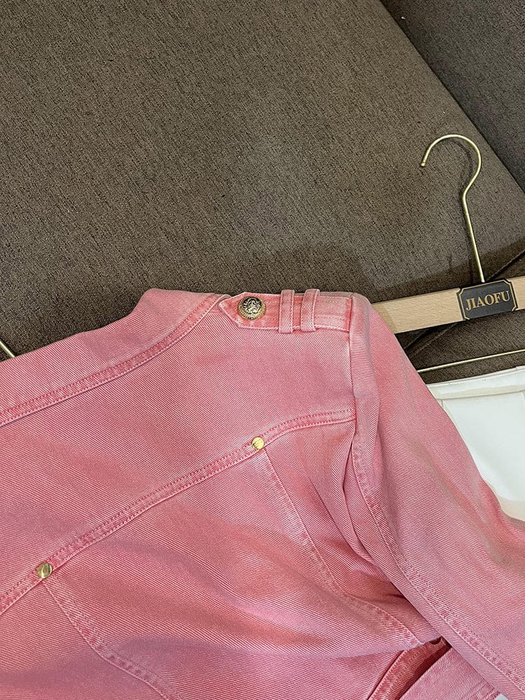 2023 Quality Spring New Arrival Lady Short Jeans Coat Notched Long Sleeve Buttons Zipper Women Pink Denim Jacket