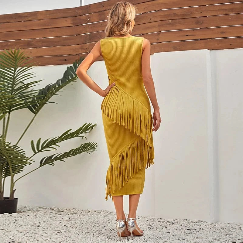 2023 sesidy winter clothes for women long bandage evening dress with tassel