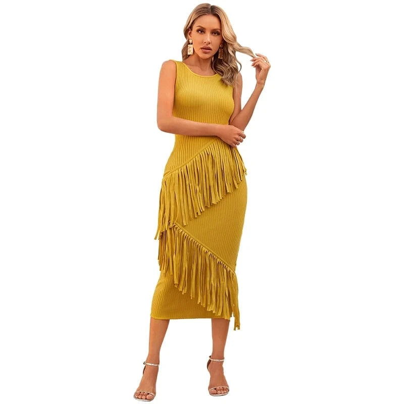 2023 sesidy winter clothes for women long bandage evening dress with tassel