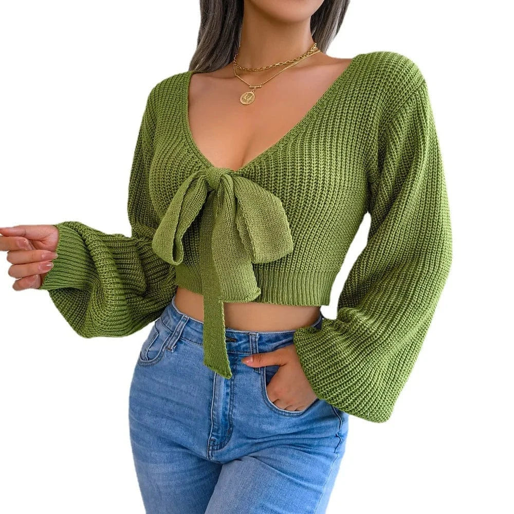 2023 Solid Color  Knitted Sweaters Sexy Crop Top Lantern Sleeve Women Loose Short Bow Knit Sweater