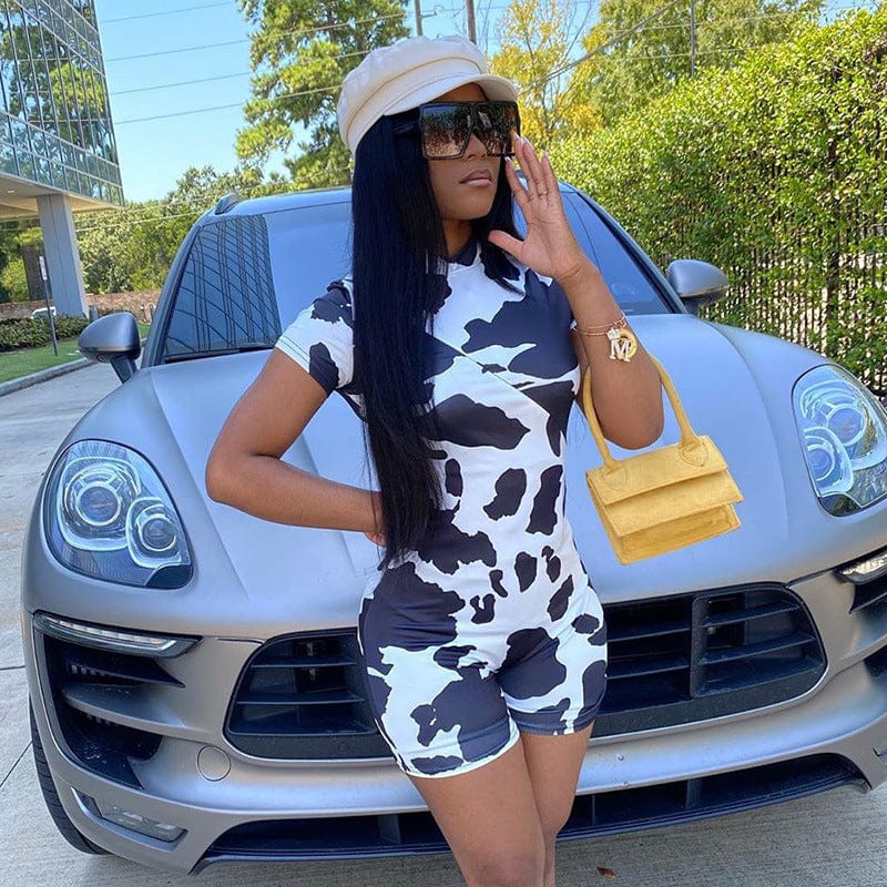 2023 Sport Black Polyester Spandex Cow Print Zipper Hollow Out Skinny Outfit Party Club Short One Piece Jumpsuit Bodycon Women