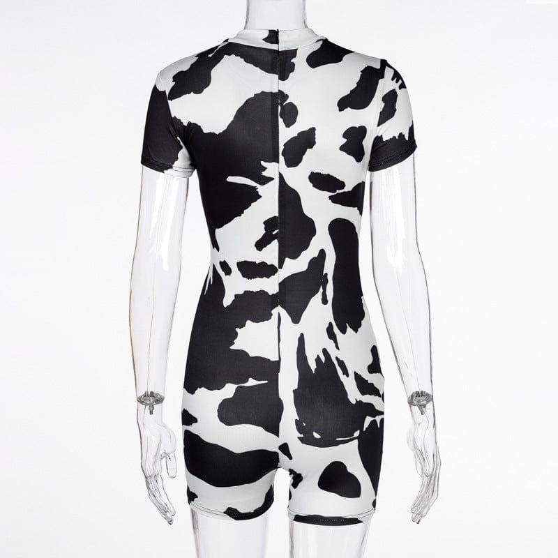 2023 Sport Black Polyester Spandex Cow Print Zipper Hollow Out Skinny Outfit Party Club Short One Piece Jumpsuit Bodycon Women