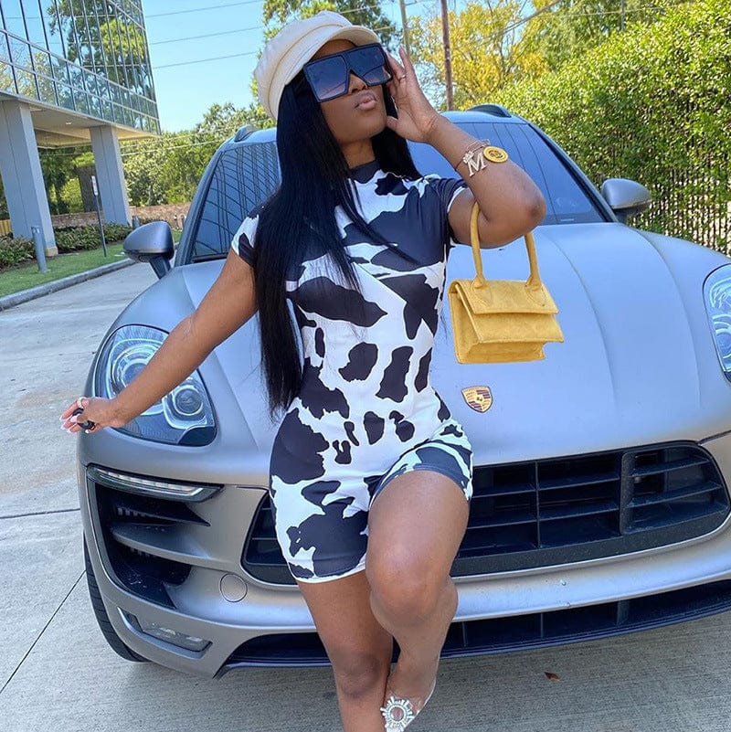 2023 Sport Black Polyester Spandex Cow Print Zipper Hollow Out Skinny Outfit Party Club Short One Piece Jumpsuit Bodycon Women