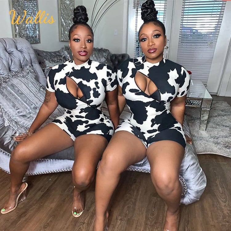 2023 Sport Black Polyester Spandex Cow Print Zipper Hollow Out Skinny Outfit Party Club Short One Piece Jumpsuit Bodycon Women