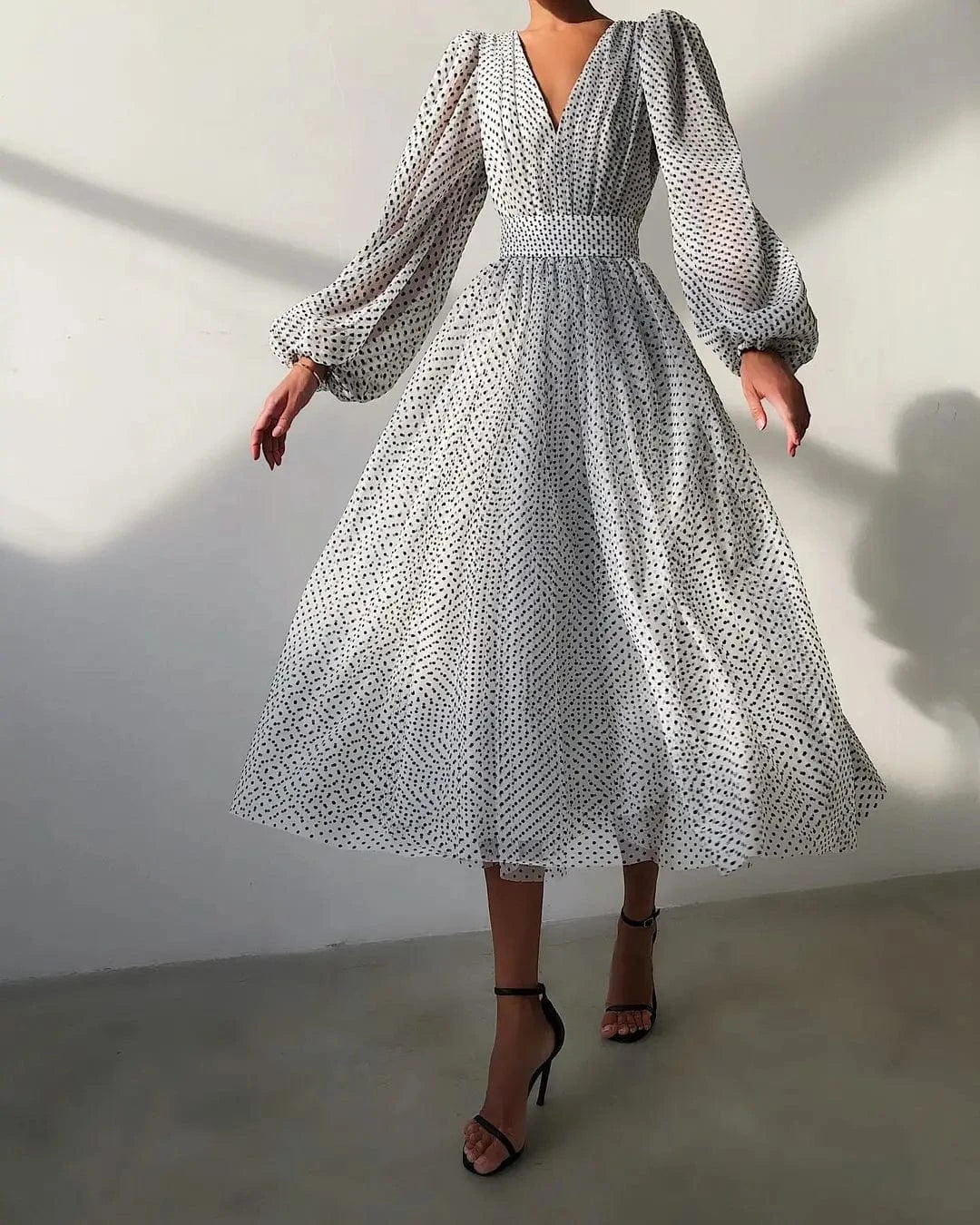 2023 Spring And Autumn New European And American Temperament Lady Bubble Sleeve Polka Dot Swing Dress