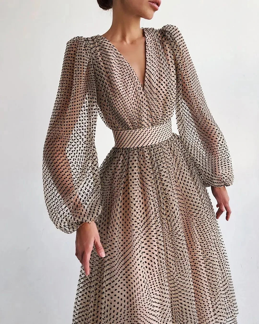 2023 Spring And Autumn New European And American Temperament Lady Bubble Sleeve Polka Dot Swing Dress