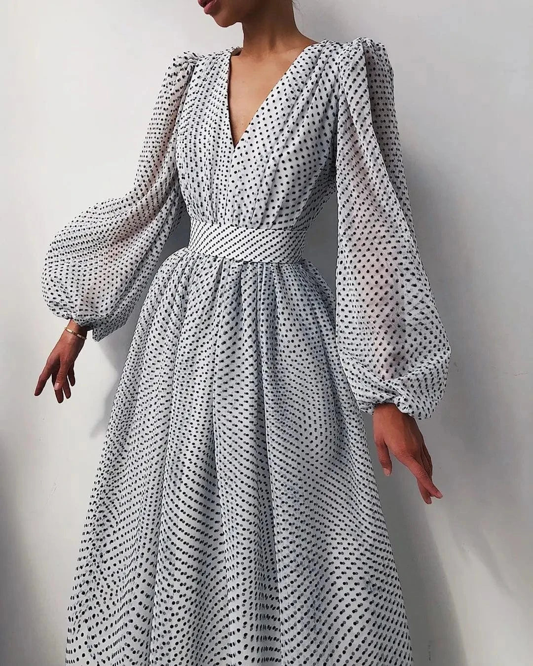 2023 Spring And Autumn New European And American Temperament Lady Bubble Sleeve Polka Dot Swing Dress