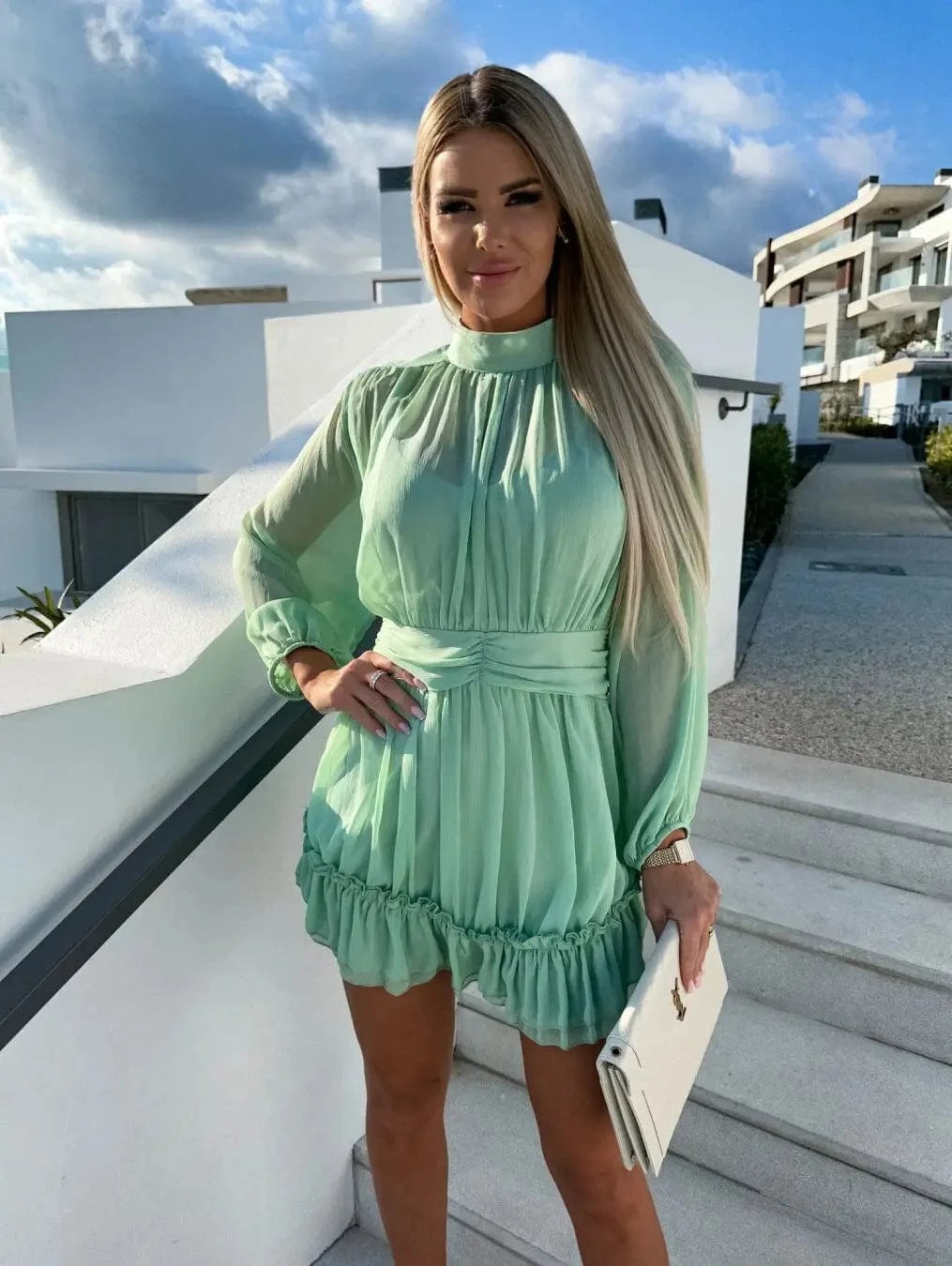 2023 Spring and Summer New Hot selling Women's Solid color Chiffon Waist-closed Long sleeve Pleated Women's dress