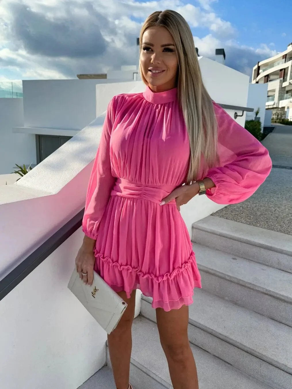 2023 Spring and Summer New Hot selling Women's Solid color Chiffon Waist-closed Long sleeve Pleated Women's dress