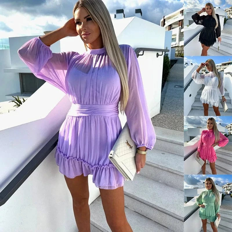 2023 Spring and Summer New Hot selling Women's Solid color Chiffon Waist-closed Long sleeve Pleated Women's dress