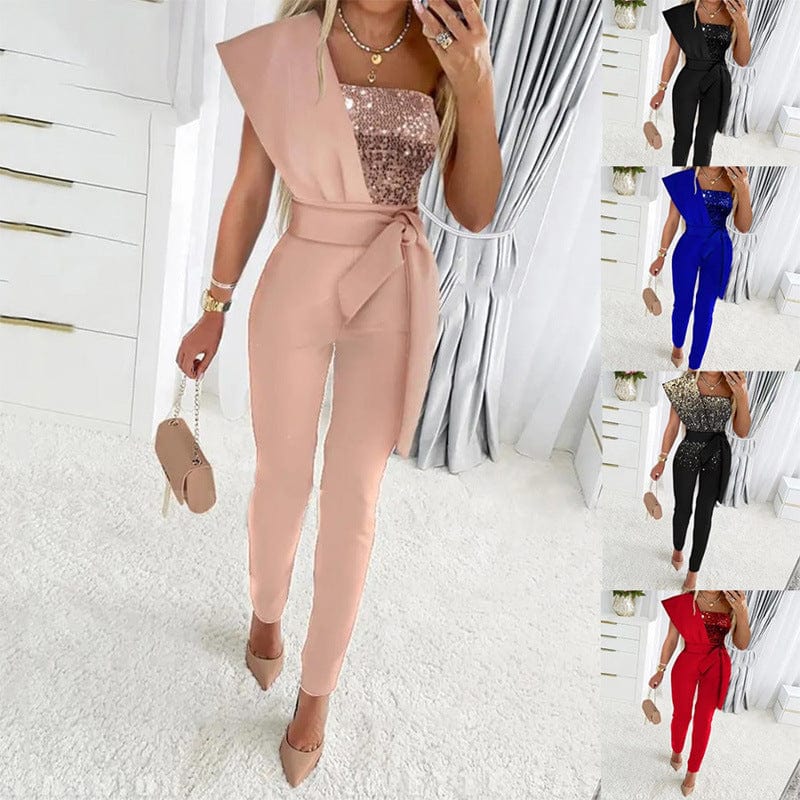 2023 Spring Autumn Sexy Jumpsuit Women Sequins Patchwork Short Sleeve Slim Bodycon Outfits Lady Elegant One Piece Party Overalls