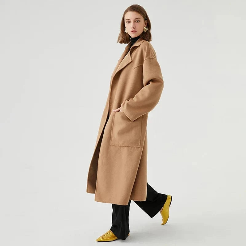 2023 Spring Fashion Handmade Cashmere Coat Belted Long Wool Trench Coat Women Autumn Winter Jacket