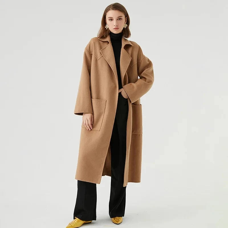 2023 Spring Fashion Handmade Cashmere Coat Belted Long Wool Trench Coat Women Autumn Winter Jacket
