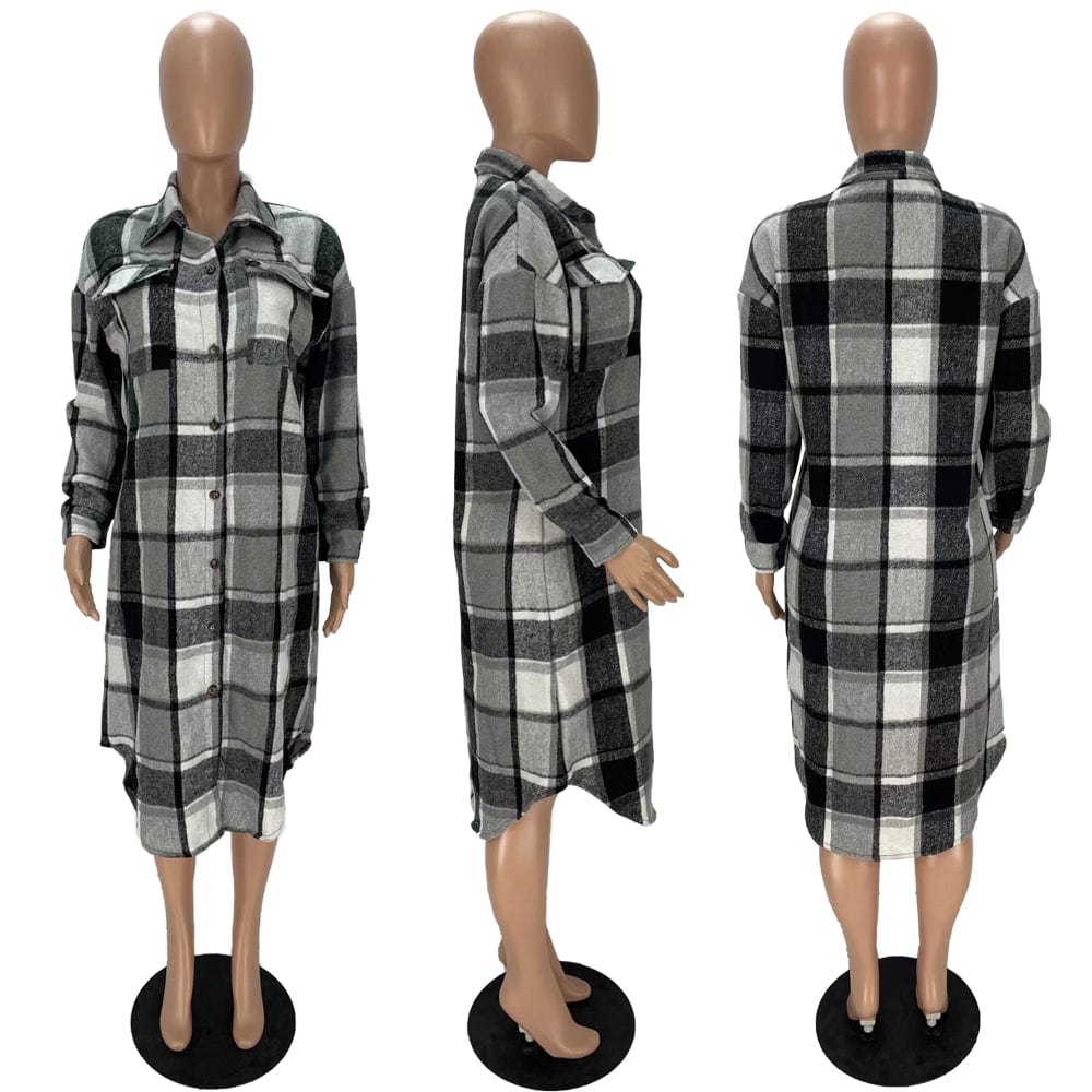2023 Spring Fashion Young Office Lady Shaggy Plaid Pocket Drop Shoulder Long Outwears