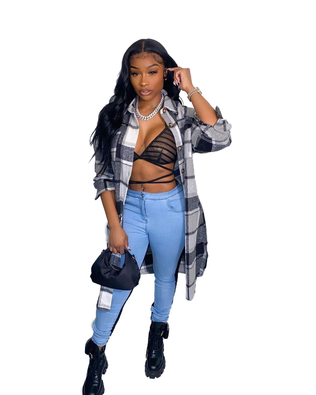 2023 Spring Fashion Young Office Lady Shaggy Plaid Pocket Drop Shoulder Long Outwears