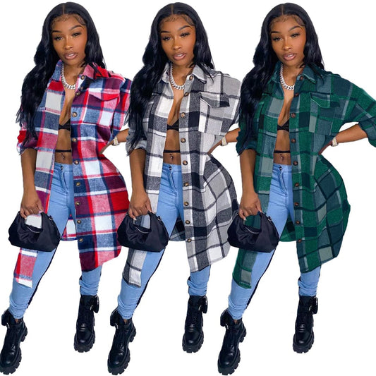 2023 Spring Fashion Young Office Lady Shaggy Plaid Pocket Drop Shoulder Long Outwears