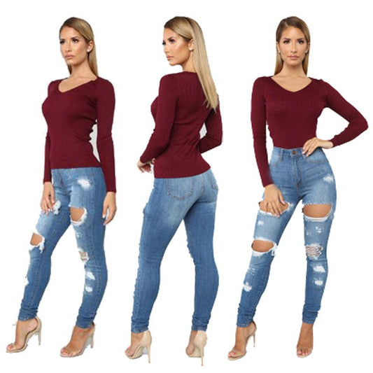 2023 Spring New Women's Low Waist Ripped Jeans Fashion Slim Hip Lift Elastic Ankle-Length Plus Size Jeans Denim Pencil Pants