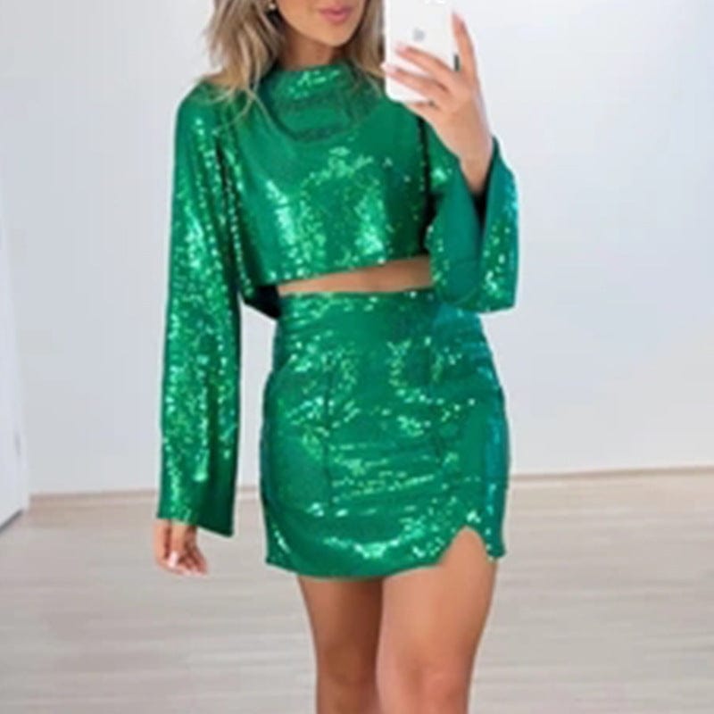 2023 Spring Sequin Skirt 2 Piece Set Women Fashion O-neck Long Sleeve Tops Female High Street Sapphire Blue Mini Skirt Sets