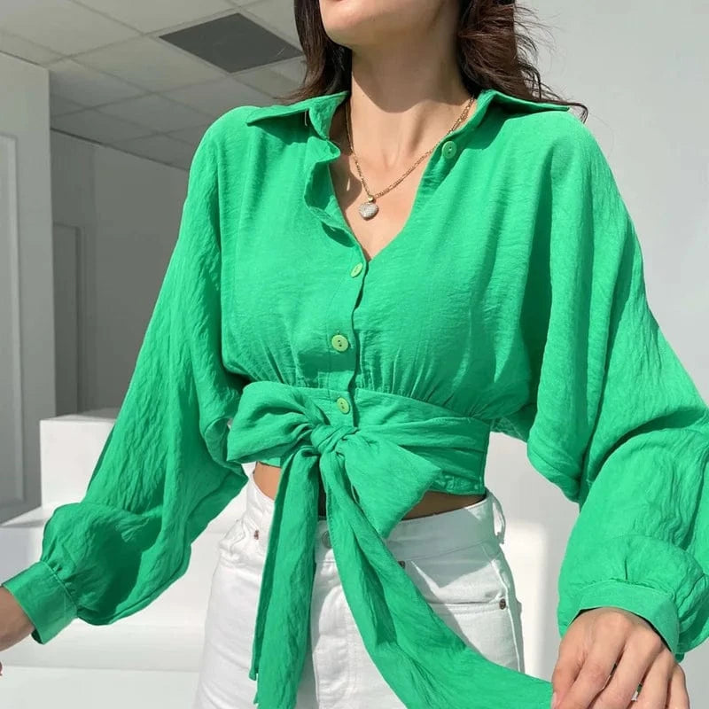 2023 Spring Summer New Women's Lace-up Long Sleeved Crop Top Loose Women's Batwing Sleeve Blouses Shirts