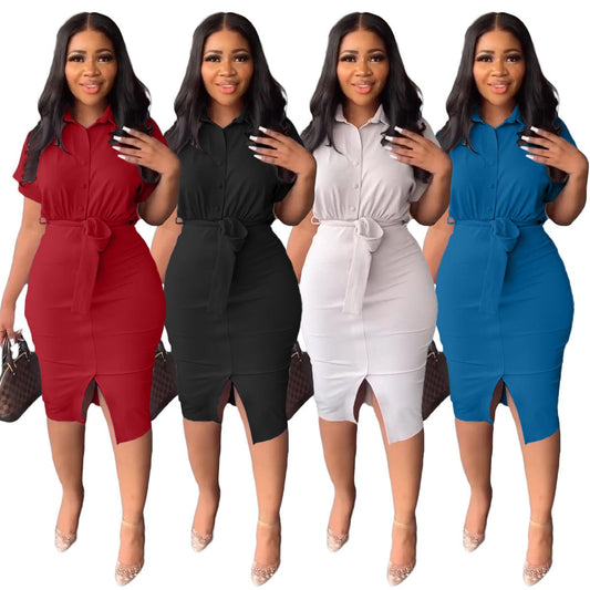 2023 Spring Summer Women Dresses Short Sleeve split shirt dress with belt Casual Streetwear Bodycon Clothes Ladies Sexy Dress