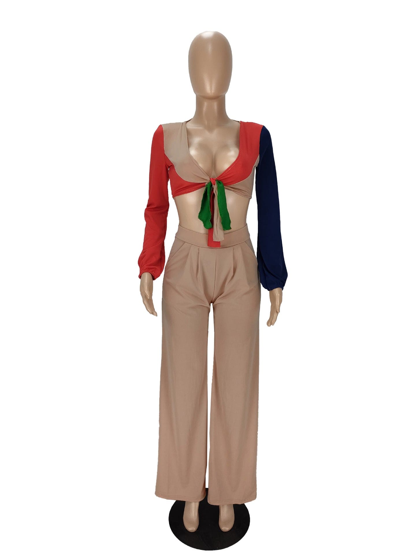 2023 Spring Women Clothes Casual Patchwork 2 Piece Set Long Sleeve  Wide Leg Pants Two Piece Sets for Women Clothing