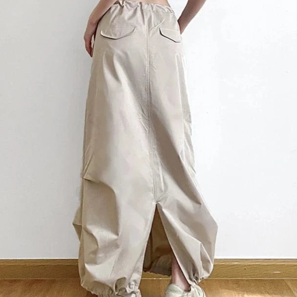 2023 Street Fashion Low Waist Half Skirt Drawstring Pocket Women's New Loungewear Plain A-line Long Skirt
