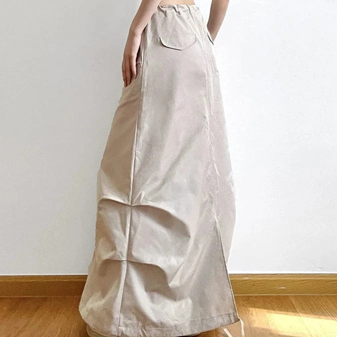 2023 Street Fashion Low Waist Half Skirt Drawstring Pocket Women's New Loungewear Plain A-line Long Skirt