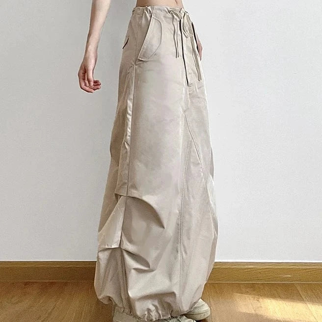 2023 Street Fashion Low Waist Half Skirt Drawstring Pocket Women's New Loungewear Plain A-line Long Skirt