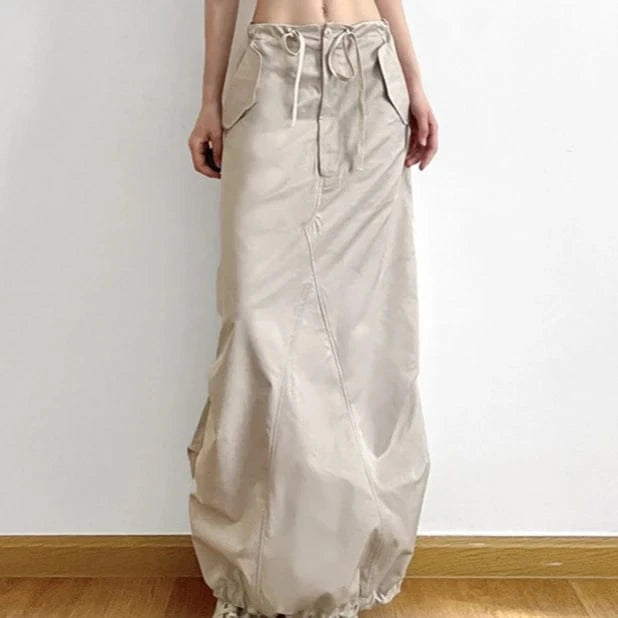 2023 Street Fashion Low Waist Half Skirt Drawstring Pocket Women's New Loungewear Plain A-line Long Skirt