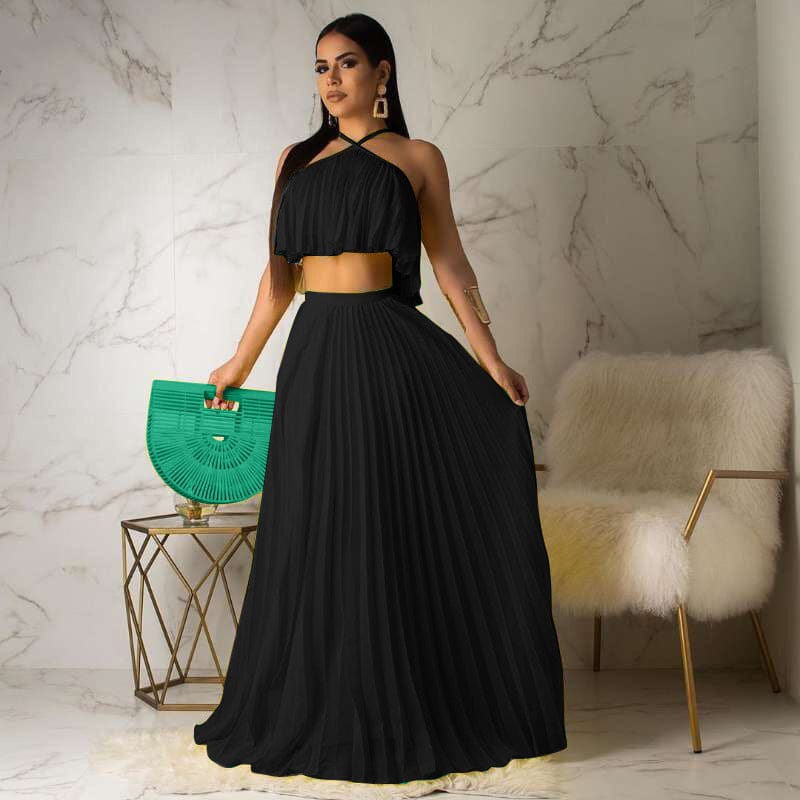 2023 Summer Bohemian Dress 2 Piece Set Casual Women Clothing Crop Tank Top Maxi Long Pleated Flowy Skirt Two Piece Skirts Set