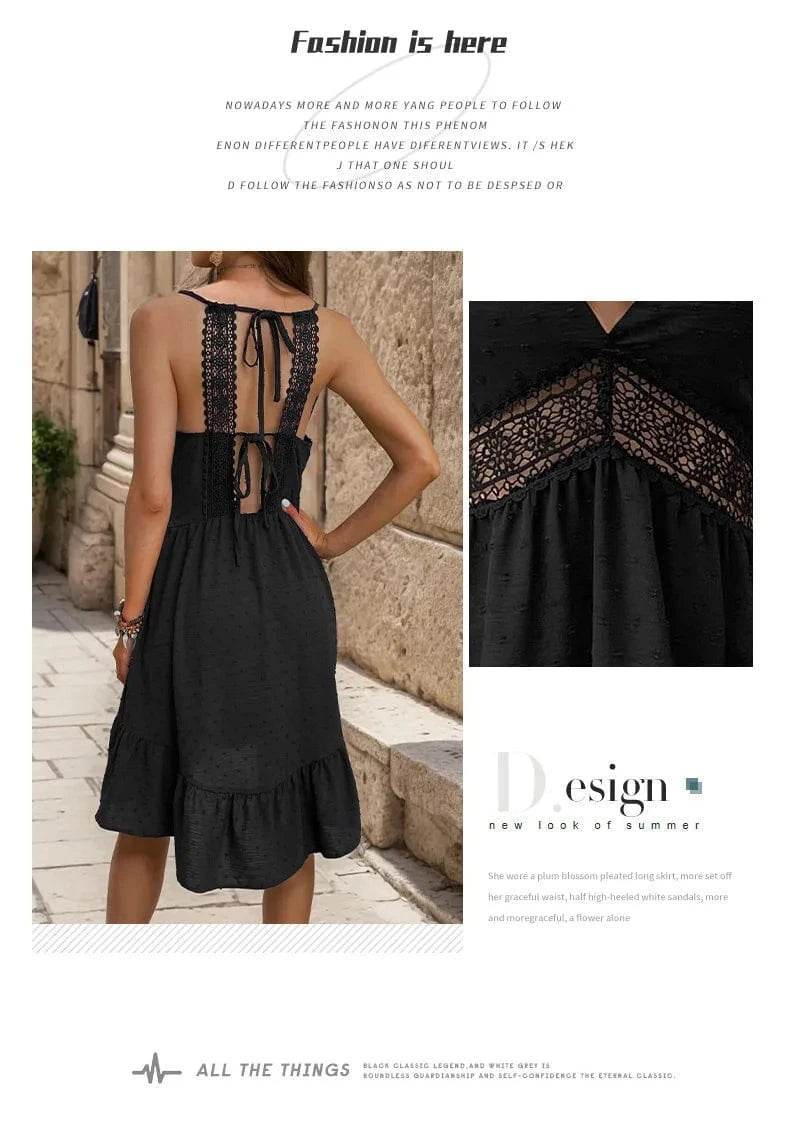 2023 Summer Casual V Neck Sleeveless Solid Ruffled Hem Lace Splicing Straps Club Dresses