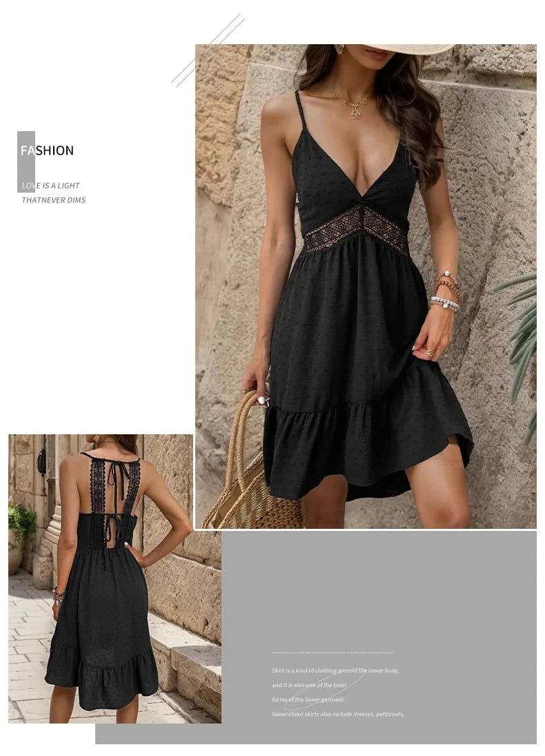 2023 Summer Casual V Neck Sleeveless Solid Ruffled Hem Lace Splicing Straps Club Dresses