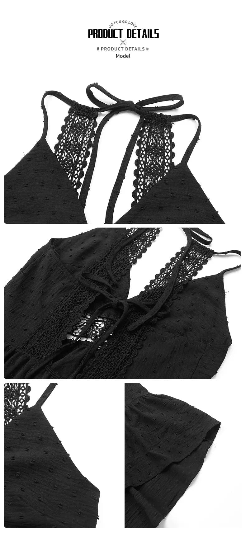 2023 Summer Casual V Neck Sleeveless Solid Ruffled Hem Lace Splicing Straps Club Dresses