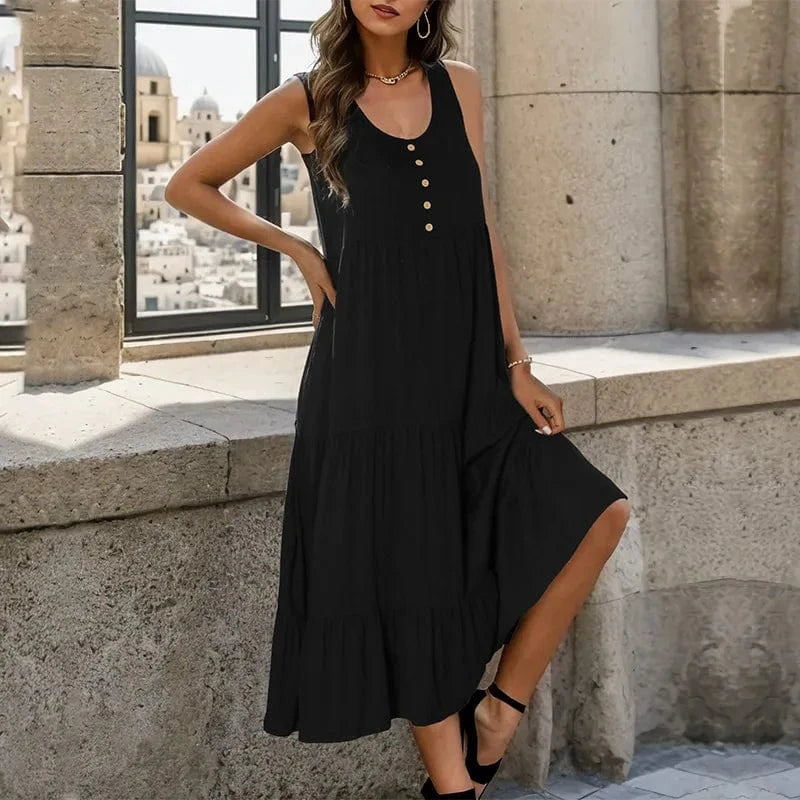 2023 Summer Casual V Neck Sleeveless Solid Ruffled Hem Lace Splicing Straps Club Dresses