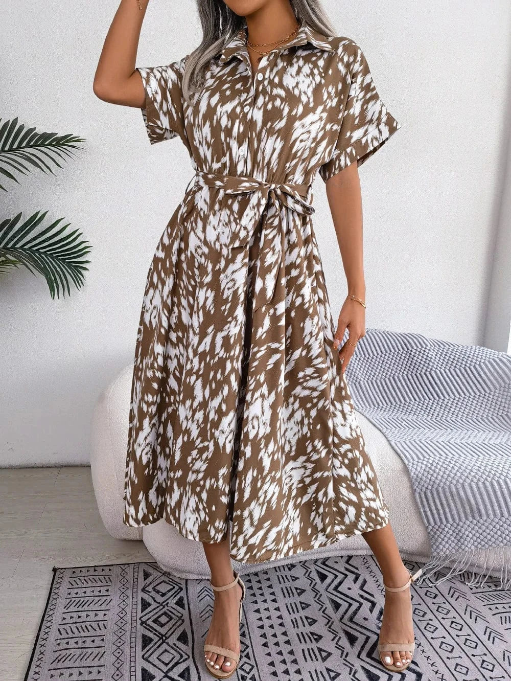 2023 Summer European and American Casual loose Leopard print lace-up Waist shirt dress Women's clothing