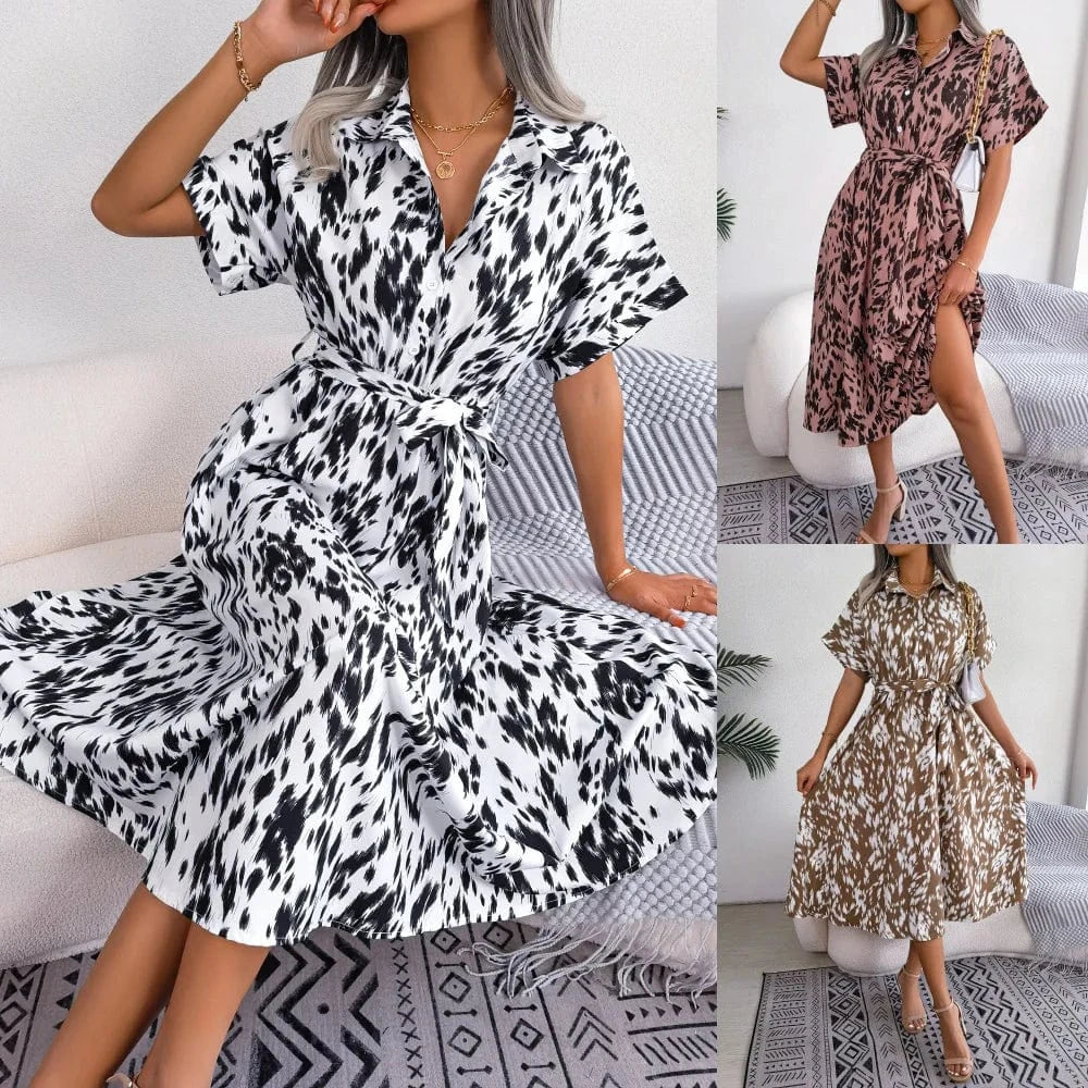 2023 Summer European and American Casual loose Leopard print lace-up Waist shirt dress Women's clothing