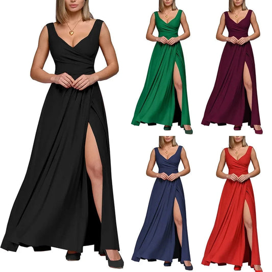 2023 Summer Fashion Women's Clothing Solid Color Sleeveless V-neck Dress Temperament Sexy Women's Casual Split Dress