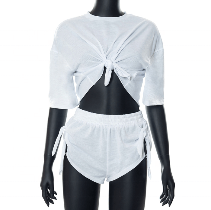 2023 Summer Latest Sexy Fashion White Short Sleeve Crop Top t Shirt With Side Shorts Set Two Piece Set