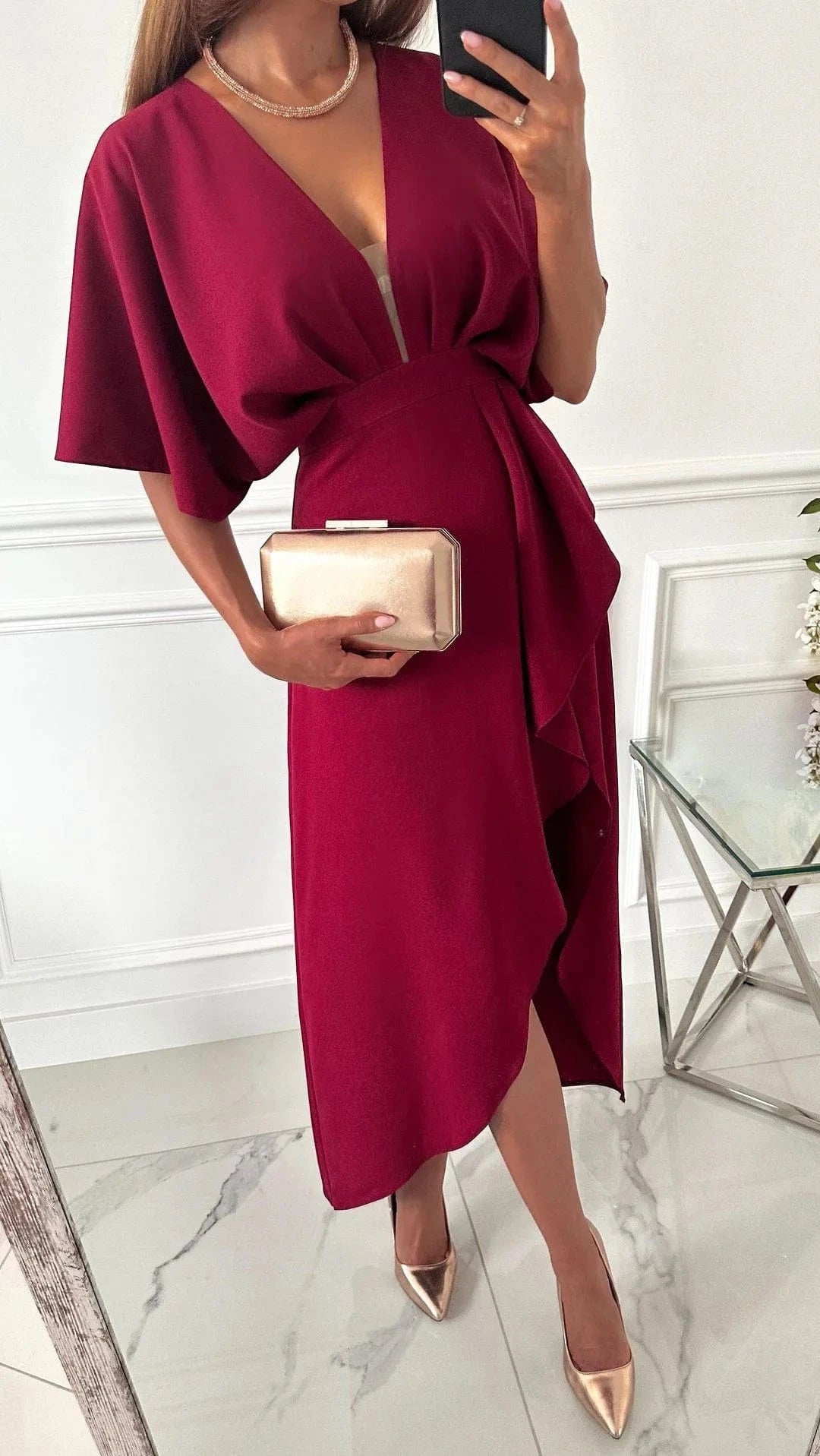 2023 Summer New European and American Casual V-neck Solid color Irregular dress Dress for women